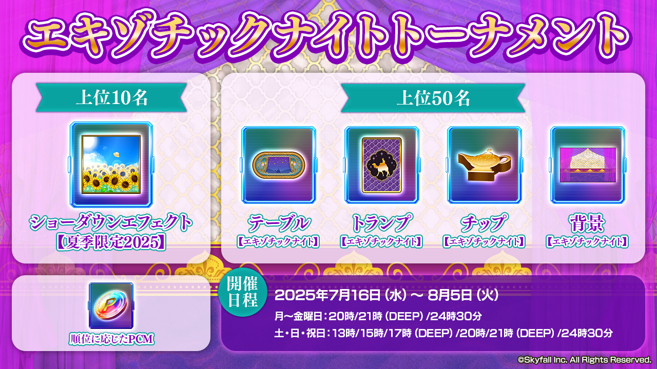 エキゾチックナイトトーナメント開催/装飾品ショップ入荷に関して